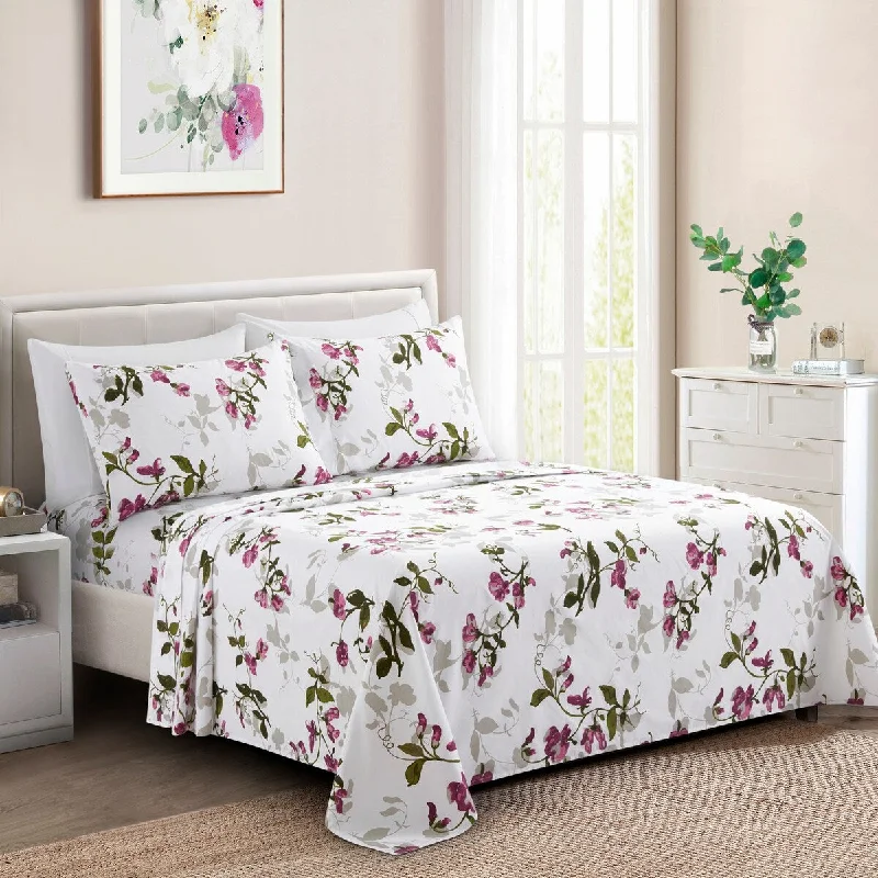 Marina Decoration Soft Silky Deep Pocket Rich Printed Rayon from Bamboo All Season Sheet Set, Pink Light Floral