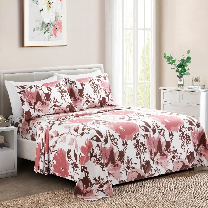 Marina Decoration Soft Silky Deep Pocket Rich Printed Rayon from Bamboo All Season Sheet Set, Pink Red Floral