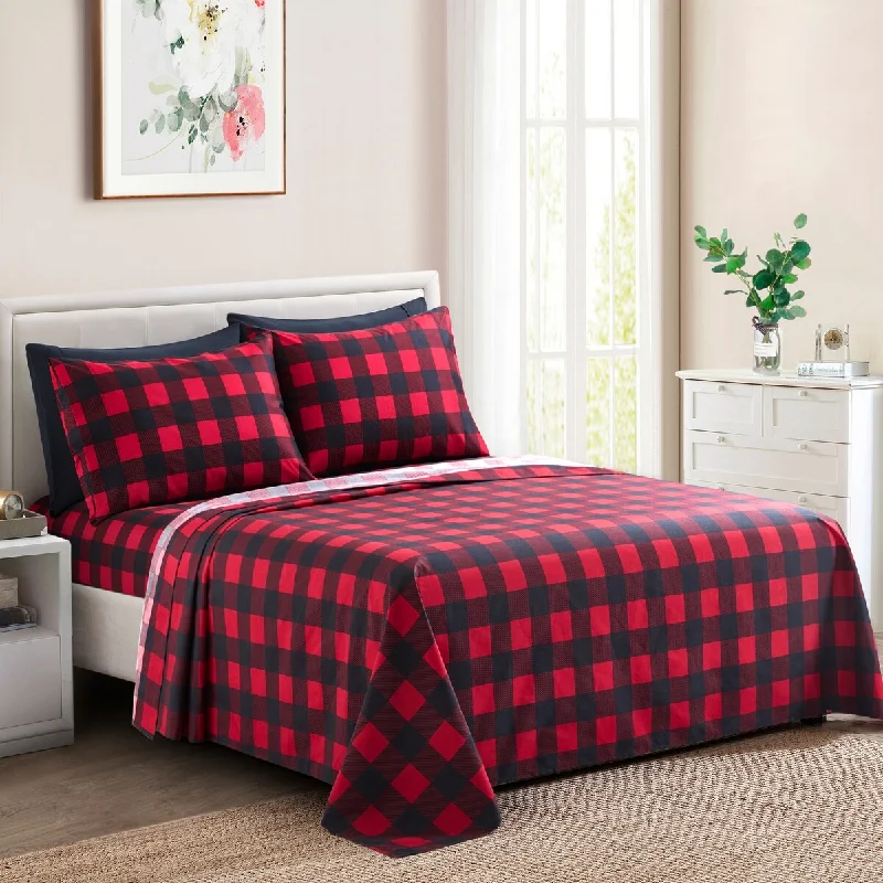 Marina Decoration Soft Silky Deep Pocket Rich Printed Rayon from Bamboo All Season Sheet Set, Red Black Plaid