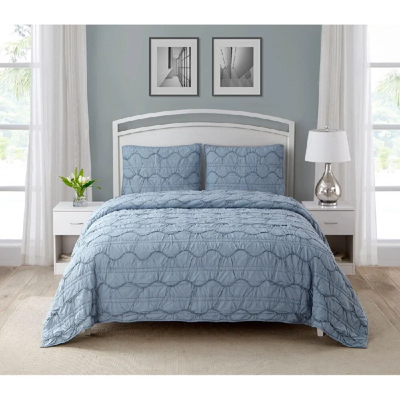 Wonder Home Caesare 3PC Cotton Printed Quilt Set, Queen, Blue